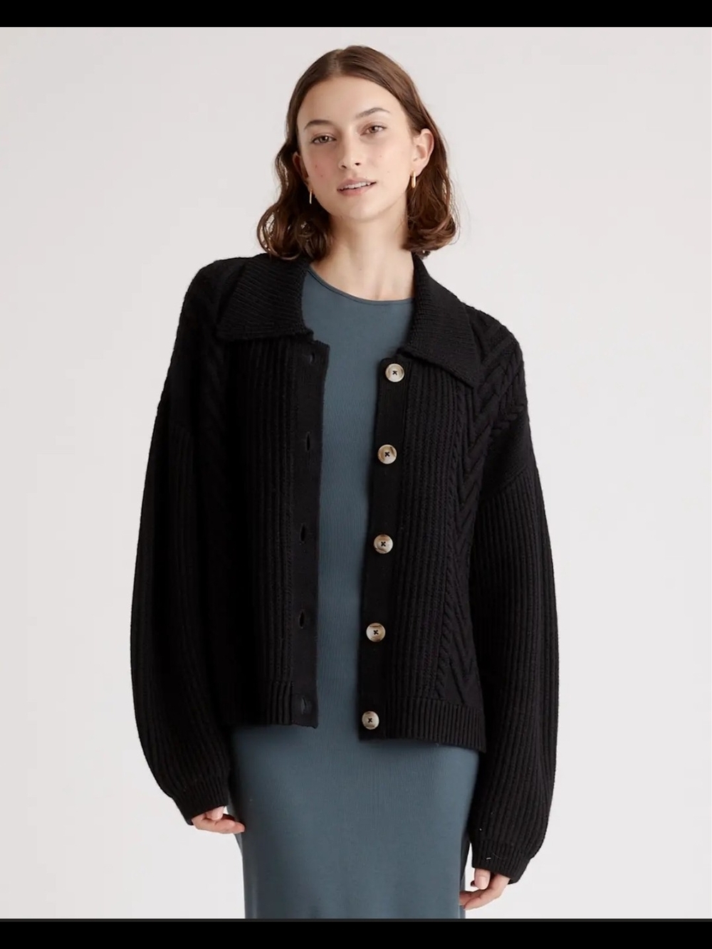 Quince Australian Merino Wool CollaredCable Cardigan XS Black NWT